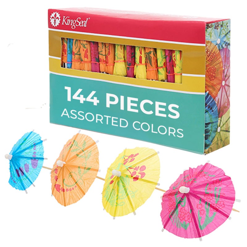 KingSeal 144 Count | KingSeal 4 Inch Umbrella Parasol Cocktail Picks, Cupcake Toppers, Assorted Colors and Designs, Tiki, Luau, Hawaii, Bulk Pack - 1 Box of 144 - Image 1